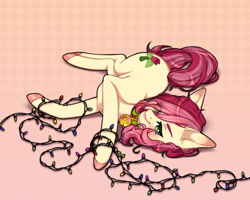 Size: 1500x1200 | Tagged: safe, artist:takic, imported from derpibooru, roseluck, pony, behaving like a cat, collar, commission, commissioner:doom9454, cute, garland, lying down, pet tag, pony pet, rosepet, solo, string lights