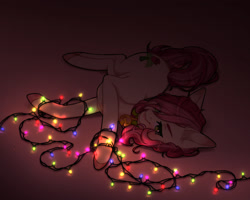 Size: 1500x1200 | Tagged: safe, alternate version, artist:takic, imported from derpibooru, roseluck, pony, behaving like a cat, collar, commission, commissioner:doom9454, cute, garland, lying down, pet tag, pony pet, rosepet, solo, string lights