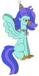 Size: 1623x3133 | Tagged: safe, artist:supahdonarudo, imported from derpibooru, oc, oc only, oc:sea lilly, classical hippogriff, hippogriff, birthday, camera, cupcake, cute, food, hat, holding, jewelry, necklace, ocbetes, party hat, simple background, sitting, transparent background