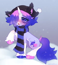 Size: 1280x1437 | Tagged: safe, artist:astralblues, imported from derpibooru, oc, oc only, pony, unicorn, clothes, female, mare, scarf, snow, snowfall, solo, striped scarf