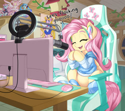Size: 2560x2275 | Tagged: safe, artist:dstears, imported from derpibooru, fluttershy, pegasus, pony, anime, bed, belly, bird house, chair, clothes, computer, computer desk, computer mouse, cute, daaaaaaaaaaaw, desk, dialogue, escii keyboard, eyes closed, female, gamershy, gaming chair, hatsune miku, headphones, high res, hooves together, indoors, keyboard, madoka kaname, magical girl, microphone, mousepad, office chair, open mouth, open smile, otakushy, ponified, puella magi madoka magica, revolutionary girl utena, ring light, sailor moon, shure sm7b, shyabetes, sitting, smiling, socks, solo, streaming, sweater, three quarter view, vocaloid, wall of tags, weapons-grade cute, webcam