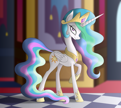 Size: 4152x3712 | Tagged: safe, artist:omnisimon11, imported from derpibooru, princess celestia, alicorn, pony, female, folded wings, high res, jewelry, lidded eyes, long neck, looking at you, mare, raised hoof, raised leg, regalia, slim, smiling, smiling at you, solo, thin, wings