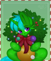 Size: 960x1152 | Tagged: safe, artist:macyw, imported from derpibooru, oc, oc only, oc:green byte, pony, unicorn, christmas, commission, holiday, male, simple background, solo, stallion, wreath, ych result