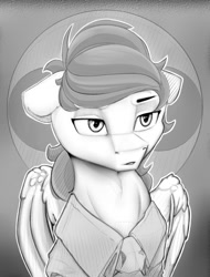 Size: 860x1130 | Tagged: safe, artist:mrulol, imported from derpibooru, oc, pegasus, pony, black and white, bust, grayscale, monochrome, outfit, pegasus oc, portrait, simple background, sketch