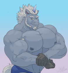 Size: 1192x1280 | Tagged: safe, artist:miguel_okami, imported from derpibooru, anthro, unicorn, alphabara blossomforth, alphabittle blossomforth, blue underwear, clothes, flexing, g5, male, male nipples, muscles, muscular male, nipples, solo, stallion, stupid sexy alphabittle, underwear, vein bulge