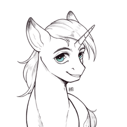 Size: 2048x2048 | Tagged: safe, artist:karamboll, imported from derpibooru, pony, unicorn, black and white, bust, commission, grayscale, looking at you, male, monochrome, portrait, simple background, sketch, smiling, smiling at you, solo, stallion, white background