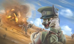 Size: 4000x2400 | Tagged: safe, artist:richmay, imported from derpibooru, oc, oc:palatinatus clypeus, zebra, equestria at war mod, clothes, desert, explosion, high res, military, military uniform, tank (vehicle), uniform, war, world war ii, yelling, zebra oc