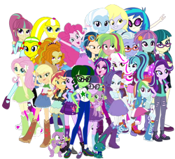 Size: 514x469 | Tagged: safe, artist:ajosterio, imported from derpibooru, adagio dazzle, applejack, aria blaze, derpy hooves, dj pon-3, fluttershy, juniper montage, lemon zest, pinkie pie, rainbow dash, rarity, sci-twi, sonata dusk, sour sweet, spike, spike the regular dog, starlight glimmer, sugarcoat, sunny flare, sunset shimmer, trixie, twilight sparkle, vinyl scratch, oc, dog, human, equestria girls, humane five, humane seven, humane six, simple background, transparent background, twolight