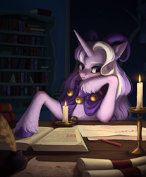 Size: 2813x3400 | Tagged: safe, artist:inarimayer, imported from derpibooru, oc, oc only, hybrid, pony, unicorn, book, bookshelf, candle, cloven hooves, goat horns, horns, inkwell, pencil, quill, scroll, solo, unshorn fetlocks