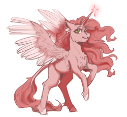 Size: 1999x1843 | Tagged: safe, artist:bon_lee, imported from derpibooru, oc, oc only, alicorn, pony, alicorn oc, eyebrows, eyelashes, female, horn, leonine tail, long mane, magic, mare, pegasus wings, pink, rearing, simple background, smiling, solo, spread wings, tail, white background, wings
