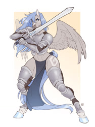 Size: 960x1280 | Tagged: safe, artist:nasusbot, imported from derpibooru, oc, oc:aether, anthro, pegasus, unguligrade anthro, armor, eyebrows, eyelashes, eyeshadow, female, furrowed brow, futa, intersex, loincloth, long hair, long tail, makeup, midriff, open mouth, pegasus oc, pegasus wings, solo, spread wings, sword, tail, tail wrap, trans female, transgender, unconvincing armor, weapon, wings