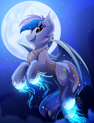 Size: 1681x2192 | Tagged: safe, artist:starcasteclipse, imported from derpibooru, oc, oc:moonlight waves, bat pony, pony, bat pony oc, bat wings, bell harness, commission, female, flying, full moon, glowing, glowing hooves, harness, jingle bells, magic glow, mare, moon, night, night sky, sky, solo, tack, wings, ych result
