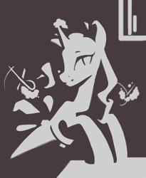 Size: 861x1052 | Tagged: safe, artist:melodylibris, imported from derpibooru, rarity, pony, unicorn, female, glowing, glowing horn, grayscale, horn, levitation, looking sideways, magic, mare, monochrome, sewing needle, smiling, solo, telekinesis, turned head