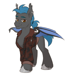 Size: 1500x1700 | Tagged: safe, artist:jewellier, imported from derpibooru, oc, oc only, oc:vox noctis, bat pony, pony, bat pony oc, clothes, ear piercing, earring, fangs, g5 oc, jacket, jewelry, looking at you, male, oda 1997, piercing, ponytail, simple background, solo, stallion, unshorn fetlocks, white background