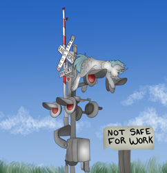 Size: 2000x2070 | Tagged: safe, artist:inisealga, imported from derpibooru, oc, oc only, oc:lunar signal, bat pony, bat pony unicorn, hybrid, unicorn, bat pony oc, cloud, horn, maintenance, osha violation, railroad, railroad crossing, signal, sky