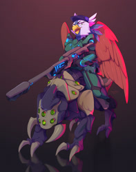 Size: 1706x2160 | Tagged: safe, artist:hakkids2, imported from derpibooru, oc, oc:glory, alien, anthro, griffon, armor, female, griffon oc, gun, hat, looking at you, narrowed eyes, open mouth, riding, rifle, science fiction, solo, weapon, wings