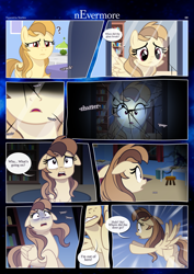 Size: 3259x4607 | Tagged: safe, artist:estories, imported from derpibooru, oc, oc only, oc:alice goldenfeather, pegasus, pony, comic:nevermore, bedroom, comic, cracking, door, female, folded wings, frown, high res, mare, mirror, open mouth, pegasus oc, room, running, scared, speech bubble, spread wings, talking, wings