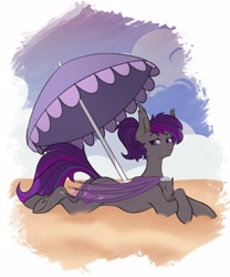 Size: 1706x2048 | Tagged: safe, artist:chibadeer, imported from derpibooru, oc, oc only, oc:platinum wing, bat pony, pony, bat pony oc, beach, freckles, lying down, parasol (umbrella), solo