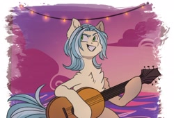 Size: 2048x1395 | Tagged: safe, artist:chibadeer, imported from derpibooru, oc, oc only, earth pony, pony, chest fluff, grin, guitar, hair over one eye, musical instrument, smiling, solo