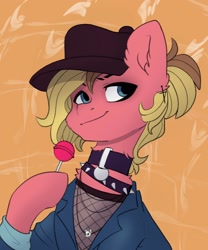 Size: 1706x2048 | Tagged: safe, artist:chibadeer, imported from derpibooru, oc, oc only, earth pony, pony, candy, cap, choker, clothes, collar, fishnet clothing, food, hat, jacket, lollipop, smiling, solo, spiked choker