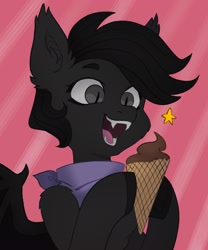 Size: 1707x2048 | Tagged: safe, artist:chibadeer, imported from derpibooru, oc, oc only, bat pony, pony, bat pony oc, fangs, food, happy, ice cream, ice cream cone, open mouth, open smile, smiling, solo