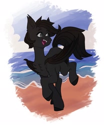 Size: 1707x2048 | Tagged: safe, artist:chibadeer, imported from derpibooru, oc, oc only, bat pony, pony, bat pony oc, beach, chest fluff, looking back, open mouth, open smile, smiling, solo