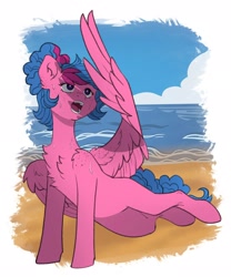 Size: 1706x2048 | Tagged: safe, artist:chibadeer, imported from derpibooru, oc, oc only, pegasus, pony, beach, chest fluff, open mouth, shade, solo, spread wings, sweat, wings