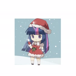 Size: 2048x2048 | Tagged: safe, artist:lendftcn, imported from derpibooru, twilight sparkle, human, chibi, christmas, clothes, female, hat, holiday, horn, horned humanization, humanized, looking at you, mittens, santa hat, scarf, snow, snowfall, solo