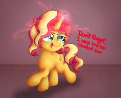 Size: 2330x1884 | Tagged: safe, artist:background basset, derpibooru exclusive, imported from derpibooru, sunset shimmer, pony, unicorn, dialogue, magic, open mouth, raised leg, solo, text