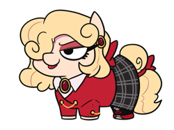 Size: 779x581 | Tagged: safe, artist:jargon scott, imported from derpibooru, oc, oc only, earth pony, pony, bow, brooch, clothes, ear piercing, earring, eyeshadow, female, hair over one eye, heather chandler, heathers the musical, jacket, jewelry, lidded eyes, lipstick, makeup, mare, piercing, ponified, simple background, skirt, solo, squatpony, tail, tail bow, white background