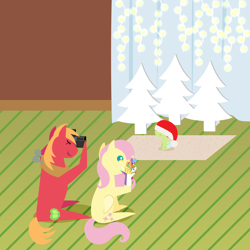 Size: 2160x2160 | Tagged: safe, anonymous artist, imported from derpibooru, big macintosh, fluttershy, ponyacci, oc, oc:late riser, earth pony, pegasus, pony, series:fm holidays, series:hearth's warming advent calendar 2022, advent calendar, baby, baby pony, camera, cardboard cutout, christmas, christmas lights, colt, covered eyes, family, female, fluttermac, foal, grin, hand puppet, hat, high res, holiday, lineless, male, mare, offspring, oversized hat, parent:big macintosh, parent:fluttershy, parents:fluttermac, pointy ponies, rug, santa hat, shipping, sitting, smiling, stallion, straight