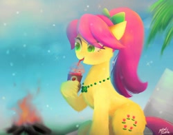 Size: 1368x1074 | Tagged: safe, artist:peptwinklr, imported from derpibooru, earth pony, drink, fire, g5, posey (g5), solo