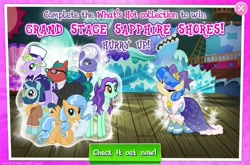 Size: 1039x684 | Tagged: safe, imported from ponybooru, gladmane, penn jillette, sapphire shores, zen moment, earth pony, pegasus, pony, unicorn, advertisement, bow, clothes, dress, gameloft