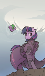 Size: 1024x1707 | Tagged: safe, artist:whitepone, twilight sparkle, oc, pony, unicorn, cliff, clothes, crossover, destiny, female, implied spike, mare, solo