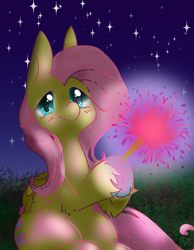 Size: 921x1185 | Tagged: safe, artist:pagophasia, derpibooru exclusive, imported from derpibooru, fluttershy, pegasus, pony, colored hooves, cute, eye reflection, female, grass, hoof hold, impossibly long eyelashes, looking at you, night, raised hoof, reflection, shyabetes, sitting, smiling, smiling at you, solo, sparkler (firework), stars, unshorn fetlocks, wings