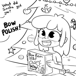 Size: 1584x1584 | Tagged: safe, artist:tjpones, imported from derpibooru, apple bloom, human, adorabloom, black and white, box, christmas, christmas tree, cute, dialogue, freckles, funny, grayscale, holiday, humanized, monochrome, offscreen character, open mouth, open smile, simple background, smiling, solo, this will end in lead poisoning, tree, white background