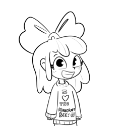 Size: 1584x1584 | Tagged: safe, artist:tjpones, imported from derpibooru, apple bloom, bee, human, insect, adorabloom, black and white, cute, female, freckles, grayscale, grin, humanized, looking at you, minecraft, monochrome, simple background, smiling, smiling at you, solo, white background