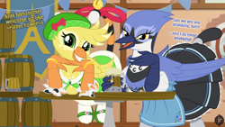 Size: 1920x1080 | Tagged: safe, artist:facelessjr, imported from derpibooru, oc, oc only, oc:gaela, oc:ginnie, bird, blue jay, griffon, alcohol, apron, barrel, barrels, beak, bedroom eyes, beer, bell, bracelet, chest fluff, clothes, cute, dialogue, dirndl, dress, duo, duo female, female, folded wings, griffon oc, hat, jewelry, leaning, looking at you, mug, on table, pose, ribbon, shoes, socks, sparkly eyes, talons, target, tavern, wingding eyes, wings, working