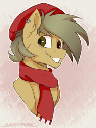 Size: 1536x2048 | Tagged: safe, artist:_candypone_, imported from derpibooru, oc, oc only, oc:coffee coat, pony, beanie, bust, clothes, ear piercing, earring, grin, hat, jewelry, looking at you, piercing, portrait, scarf, smiling, solo