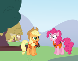 Size: 1279x1005 | Tagged: safe, artist:cloudy glow, artist:madisonwilson36, artist:the-crusius, artist:twilirity, edit, imported from derpibooru, applejack, pinkie pie, earth pony, pony, angry, applejack is not amused, applejack's hat, boat, cowboy hat, crossover, dragonboat festival, duo, female, frown, g4, hat, kai-lan, lifejacket, mare, ni hao kai-lan, open mouth, outdoors, ponyville, rintoo, shocked, tree, unamused