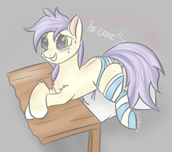 Size: 779x690 | Tagged: safe, artist:fa11en, imported from derpibooru, oc, oc only, oc:fa11en, earth pony, pony, blushing, clothes, earth pony oc, femboy, implied tail hole, male, socks, stallion, striped socks, table, tail