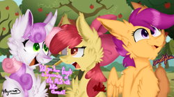 Size: 1723x963 | Tagged: safe, artist:4agonism, derpibooru exclusive, imported from derpibooru, apple bloom, scootaloo, sweetie belle, earth pony, pegasus, pony, unicorn, :3, apple, apple bloom is not amused, apple bloom's bow, apple tree, bow, cheek fluff, chest fluff, clubhouse, crusaders clubhouse, curved horn, cutie mark crusaders, ear fluff, female, filly, foal, google experimenting on elon musk with kitten chemicals, hair bow, horn, leg fluff, looking at each other, looking at someone, looking sideways, meme, open mouth, open smile, raised hoof, smiling, spread wings, starry eyes, talking, tree, trio, trio female, unamused, wingding eyes, wings