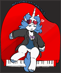 Size: 559x671 | Tagged: safe, artist:dsstoner, imported from derpibooru, fancypants, pony, unicorn, aggie.io, clothes, glasses, heart, lying down, male, musical instrument, on back, passed out, piano, simple background, stallion, weekend at bernie's