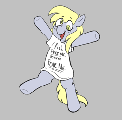 Size: 446x440 | Tagged: safe, artist:dsstoner, imported from derpibooru, derpy hooves, pegasus, pony, aggie.io, bipedal, clothes, female, gray background, hooves in air, mare, open mouth, raised arms, shirt, simple background, smiling, solo, t-shirt, women fear me fish fear me