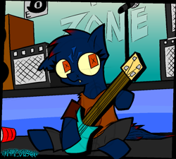 Size: 969x873 | Tagged: safe, artist:xxv4mp_g4z3rxx, imported from derpibooru, earth pony, pony, amplifier, bass guitar, clothes, cup, fangs, mae borowski, mane highlights, microphone, microphone stand, musical instrument, night in the woods, pants, ponified, poster, red eyes, shirt, signature, sitting, solo, yellow sclera