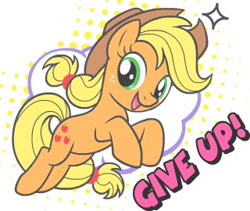 Size: 320x270 | Tagged: safe, artist:plushifoxed, imported from derpibooru, applejack, earth pony, pony, applejack's hat, cowboy hat, dissonant caption, female, freckles, give up, hat, mare, open mouth, simple background, solo, sticker, subversive kawaii, text, white background