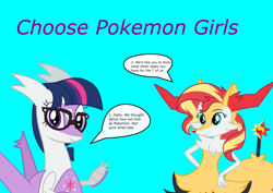 Size: 3354x2372 | Tagged: safe, artist:dupontsimon, imported from derpibooru, sci-twi, sunset shimmer, twilight sparkle, braixen, latias, blue background, cyan background, deviantart, legendary pokémon, pokefied, pokémon, simple background, speech bubble