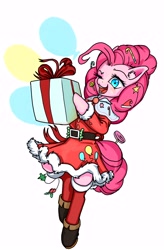 Size: 3946x6000 | Tagged: safe, artist:ph平和, imported from derpibooru, pinkie pie, pony, bipedal, blinking, boots, box, candy, candy cane, christmas, christmas stocking, clothes, costume, female, food, holiday, looking at you, santa costume, shoes, simple background, smiling, smiling at you, socks, solo, standing, white background