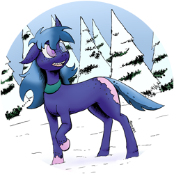 Size: 1280x1281 | Tagged: safe, artist:darkhestur, imported from derpibooru, oc, oc only, female, forest, heterochromia, missing cutie mark, pine forest, pointy teeth, simple background, smiling, snow, solo, transparent background