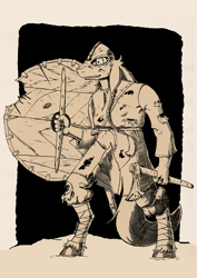 Size: 905x1280 | Tagged: safe, artist:darkhestur, imported from derpibooru, oc, oc:dark, anthro, axe, clothes, fantasy class, helmet, monochrome, shield, traditional art, viking, warrior, weapon